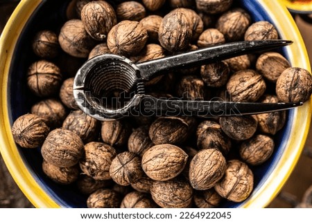 Walnuts and nutcracker in bowl closeup. Deicious nuts for vegan heathy protein diet and nutrition