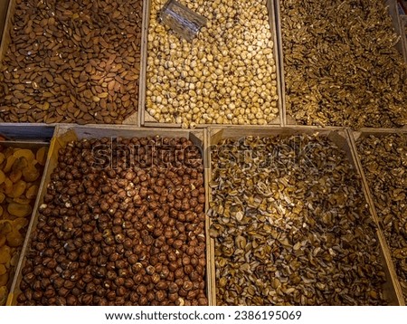 Walnuts, nuts,bean, dried fruit and grains at  Kutiasi market.Georgia.