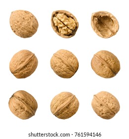 Walnuts, Whole And Opened, Isolated On White Background. Top Views Of The Nuts And Seeds Of The Common Walnut Tree Juglans Regia, Used As Snack And For Baking. Macro Food Photo Close Up From Above.