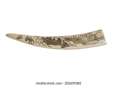 Walrus Tusk Souvenir With A Picture Depicting People Hunting Walrus