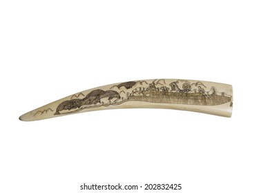 Walrus Tusk Souvenir With A Picture Depicting People Hunting Walrus