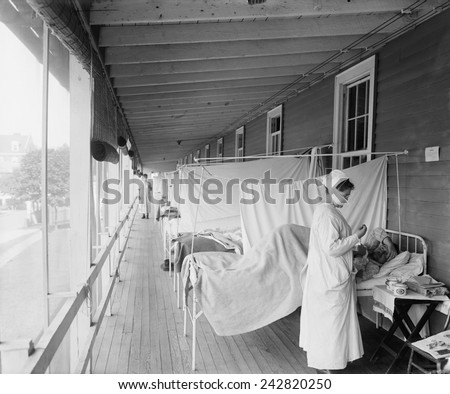 Walter Reed Hospital flu ward during the Spanish Flu epidemic of 1918-19, in Washington DC. The pandemic killed an estimated 25,000,000 persons throughout the world.