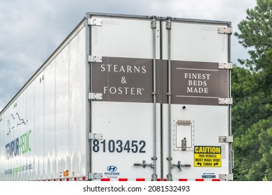 Walterboro, USA - July 6, 2021: Interstate Highway I95 In South Carolina With Large Truck Sign Container For Stearns And Foster Finest Beds Made Mattress