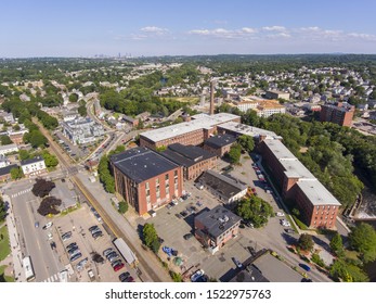 Waltham City Center And Historic Francis Cabot Lowell Mill Next To Charles River Aerial View In Downtown Waltham, Massachusetts, MA, USA.