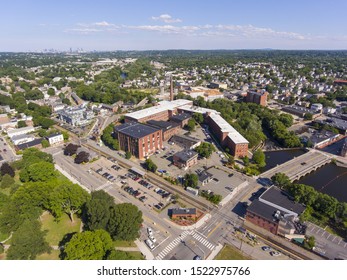 Waltham City Center And Historic Francis Cabot Lowell Mill Next To Charles River Aerial View In Downtown Waltham, Massachusetts, MA, USA.