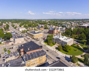 Waltham City Hall And Downtown With Boston Skyline At The Background Aerial View In Downtown Waltham, Massachusetts, MA, USA.