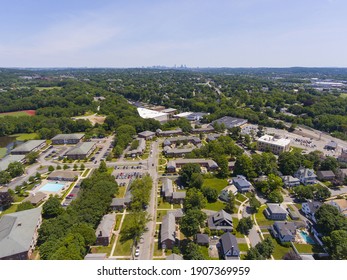 Waltham Historic City Center Aerial View With Boston City Skyline At The Background, Waltham, Massachusetts MA, USA. 