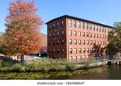 Waltham, MA - October 10 2020: View Of The Waterfront Of The Charles River And The Francis Cabot Lowell Mill