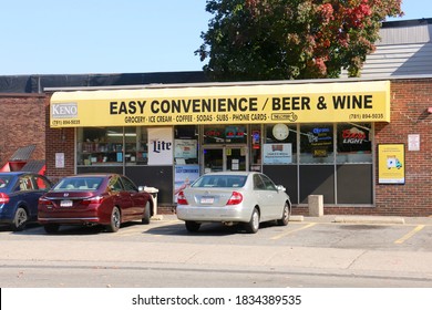 Waltham, MA - October 10 2020: The Exterior Of The Easy Convenience Beer And Wine Store