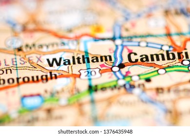 Waltham. Massachusetts. USA On A Geography Map