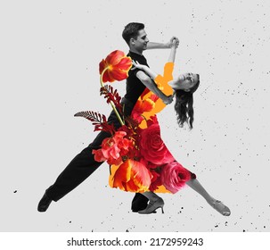 Waltz. Young dance ballroom couple dancing in sensual pose on light background. Contemporaryart collage. Flower, music, art, emotions concept. Beautiful woman and man express feelings in motion