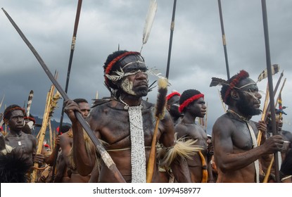 Wamena, Papua, Indonesia, 8/8/2016: Dani warriors at the Baliem Valley Festival