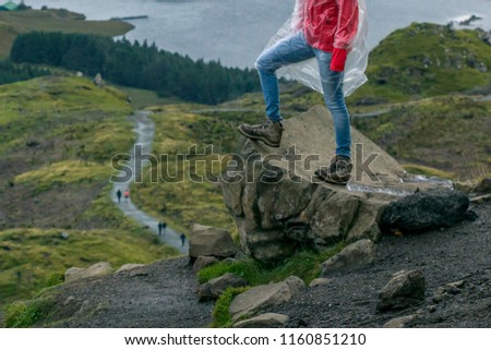 Similar – Wanderin steht auf einem Felsen am Old Man of Storr