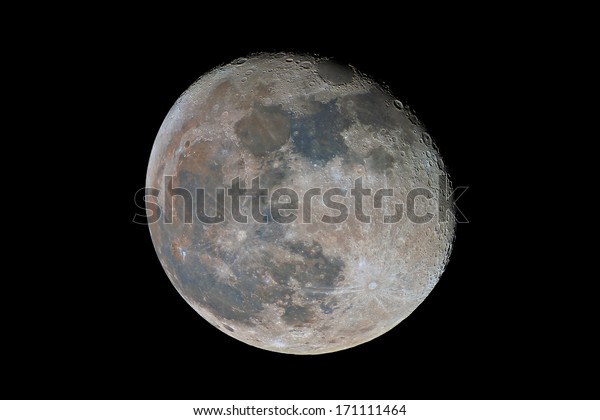 Waning gibbous Moon showing subtle color differences due\
to the geological nature of its surface, captured with an amateur\
telescope 