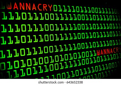 The wannacry and binary code concept on the desktop screen. WannaCry ransomware attack on desktop screen, notebook and smartphone, cyber attack internet security concept.