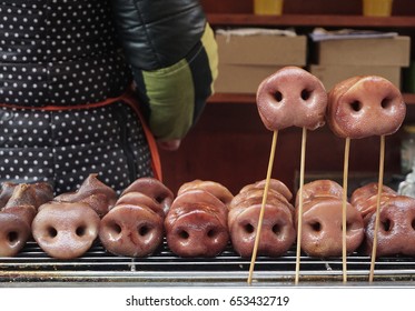 Want to try a pig's nose? In China, Sichuan, these snouts were for sale in a street food stand.
