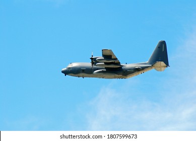 Wantagh, NY, USA May 23 A Lockheed -130 Hercules airplane roars through the sky at an airshow in Wantagh, New York