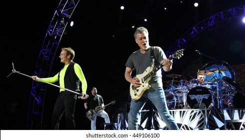 WANTAGH, NY-AUG 14: David Lee Roth (L) And Eddie Van Halen Of Van Halen Perform Onstage At Jones Beach Theater On August 14, 2015 In Wantagh, New York.