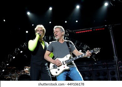 WANTAGH, NY-AUG 14: David Lee Roth (L) And Eddie Van Halen Of Van Halen Perform Onstage At Jones Beach Theater On August 14, 2015 In Wantagh, New York.