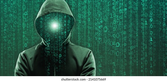 Wanted Hacker Is Coding Virus Ransomware Using Abstract Binary Code. Cyberattack, System Breaking And Malware Concept.