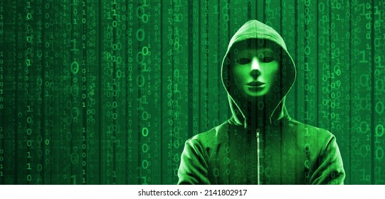 Wanted Hacker is Coding Virus Ransomware Using Abstract Binary Code. Cyberattack, System Breaking and Malware Concept.