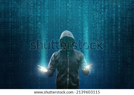 Wanted Hacker is Coding Virus Ransomware Using Abstract Binary Code. Cyberattack, System Breaking and Malware Concept.