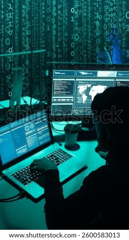 Wanted hackers coding virus ransomware using laptops and computers. Cyber attack, system breaking and malware concept.