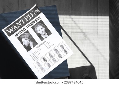 Wanted poster in FBI office, top view