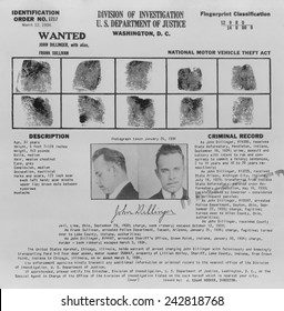 Wanted Poster for John Dillinger, displaying his fingerprints, signature, and portrait. 1934.