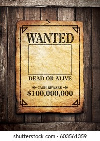 Wanted poster tacked on wooden wall background