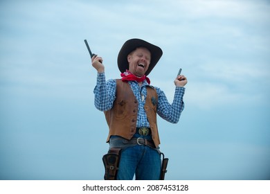 Wanted Western. Happy Funny Cowboy With Weapon. American Bandit, Western Man With Hat. West And Guns.