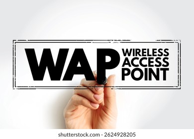 WAP - Wireless Access Point is a networking hardware device that allows other Wi-Fi devices to connect to a wired network, acronym text concept stamp