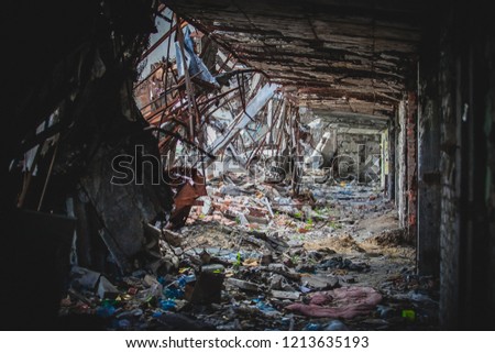 War actions aftermath, destructed building interior, Ukraine and Donbass conflict, former Airport area near city of Donetsk