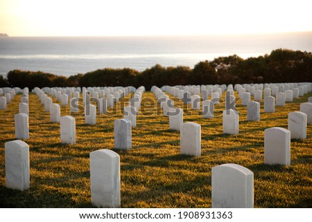 War cemetery with rows of white marble graves on green grass at sunset with ocean view. Marine veteran's cemetery.