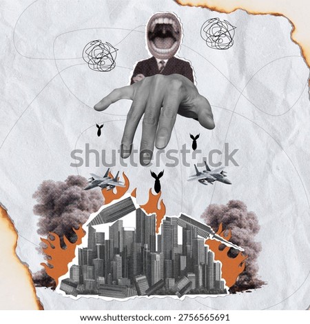 War collage of manipulation A puppet master controlling chaos