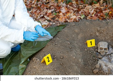 War crime investigation. Forensic science specialist at work.