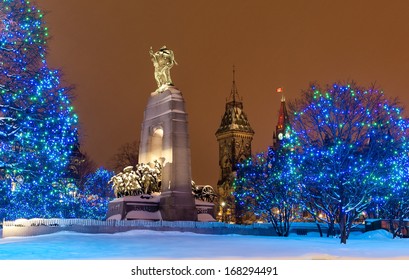 War Memorial Under The Snow In Downtown Ottawa At Night