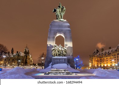 War Memorial Under The Snow In Downtown Ottawa At Night