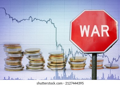 War sign on economy background - graph and coins. Economic crisis because of armed conflict.