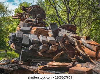 War In Ukraine, A Destroyed Tank, A Tank Turret Torn From The Hull, Close-up Front View