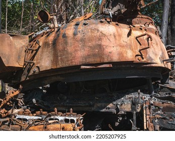 War In Ukraine, A Destroyed Tank, A Tank Turret Torn Off From The Hull, Rear View Close-up