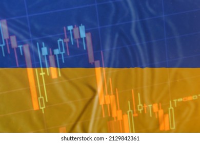 War In Ukraine. Ukraine Flag And Stock Chart. Stock Market Drops, Financial Crisis In Ukraine