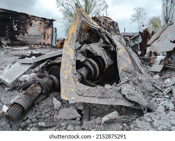 War in Ukraine, a truck engine torn off by an explosion, Borodyanka, Kiev region