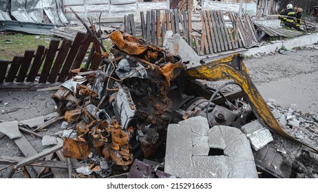War in Ukraine, a truck engine torn off by an explosion, Borodyanka, Kiev region