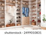 Wardrobe with different clothes and accessories in dressing room