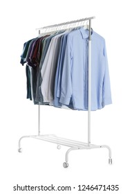 Wardrobe Rack With Men Clothes On White Background