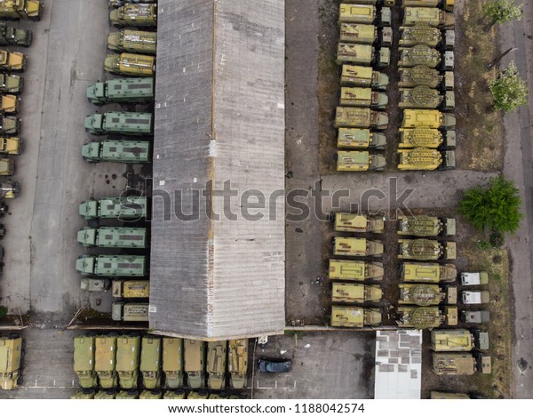 The warehouse of\
armored cars by drone