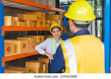 Warehouse Asian Employees Working Together On Counting Products And Checking Inventory In Storage.