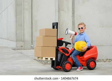 Warehouse Boy Worker With Forklift.