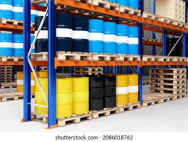 warehouse business. Warehouse for chemical products. Metal barrels of different colors. Production and storage of chemicals Pallets with barrels. Warehouse of toxic substances with racks - Shutterstock ID 2086018762
